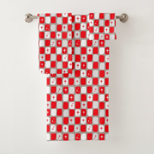 Retro Red en White Starbursts Towel Set Bad Handdoek (Insitu)