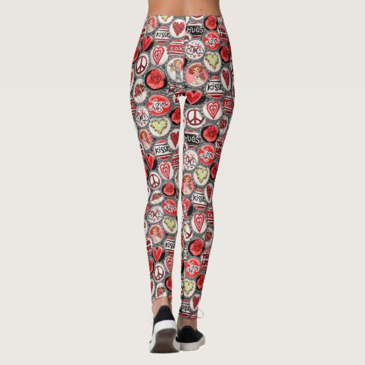 Retro Red Floral Heart Valentijnsdag Fles Pet Leggings (Achterkant)