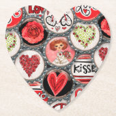 Retro Red Floral Hearts True Love Valentijnsdag Kartonnen Onderzetters (Voorkant)