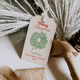 Retro Red Green Drawn Bows Wreath Merry Christmas Cadeaulabel