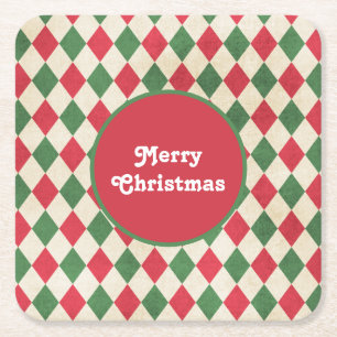 Retro Red Green Harlequin Holiday Vierkante Kartonnen Onderzetter