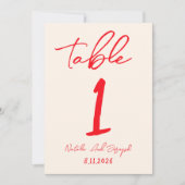 Retro Red Hand Written Wedding Table Number Kaart (Voorkant)