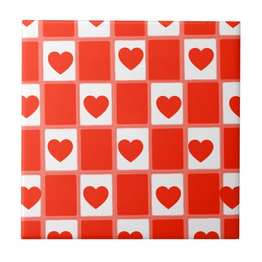 Retro Red Heart Checkerboard Pattern Tegeltje (Voorkant)
