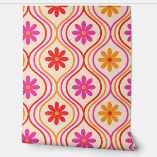 Retro Red Pink Orange Flowers on Ogee custom  Behang