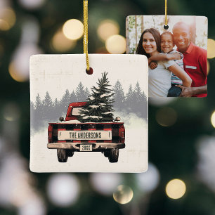 Retro Red Plaid Kerst Truck Custom Foto Keramisch Ornament