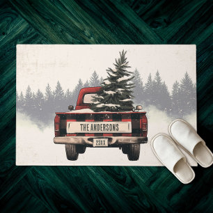 Retro Red Plaid Kersttruck Aangepaste Familienaam Deurmat