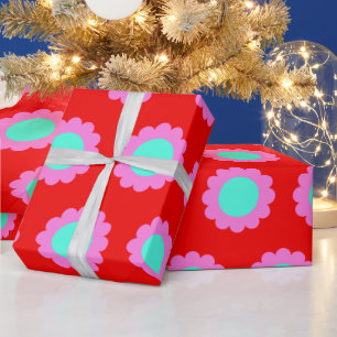 Retro Red Pop Flower Pattern Mod 60s Boho Style Cadeaupapier