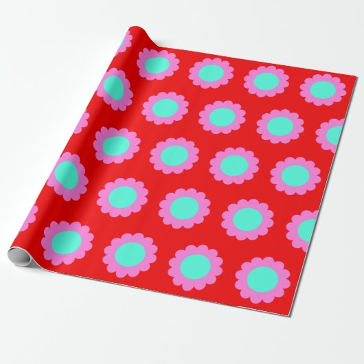 Retro Red Pop Flower Pattern Mod 60s Boho Style Cadeaupapier (Uitgerold)