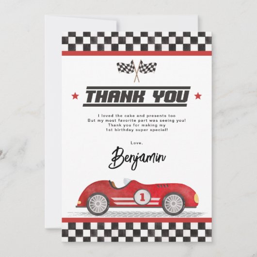 Retro Red Race Auto Jongen Verjaardagsfeest Bedankkaart (Voorkant)