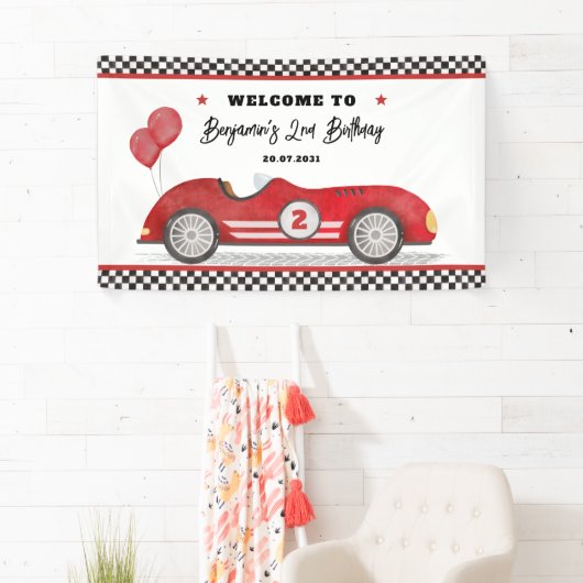 Retro Red Race Auto Twee Fast Boy Verjaardag Welko Spandoek (Insitu)