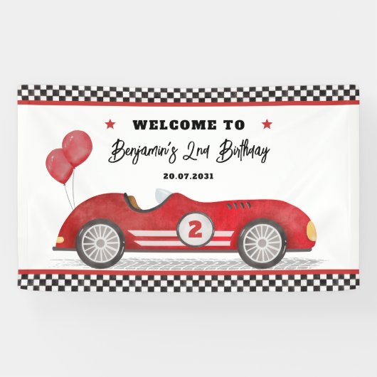 Retro Red Race Auto Twee Fast Boy Verjaardag Welko Spandoek (Horizontaal)