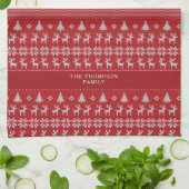 Retro Red Reindeer Monogram Nostalgische Kerstmis Theedoek (Gevouwen)