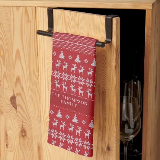 Retro Red Reindeer Monogram Nostalgische Kerstmis Theedoek (Derde Gevouwen)
