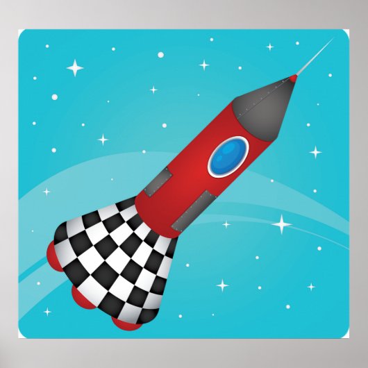 Retro Red Rocket Ship in Space Galactic Poster (Voorkant)