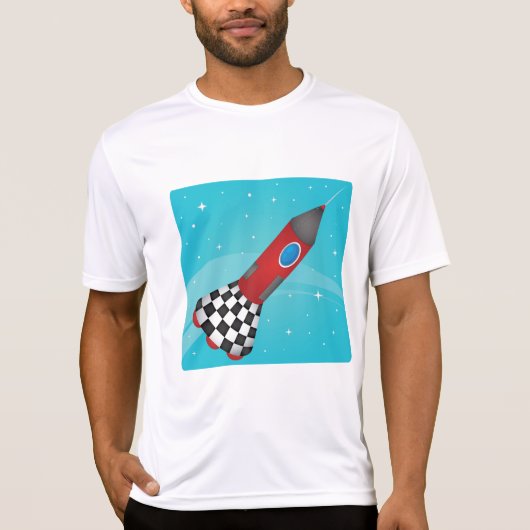 Retro Red Rocket Ship in Space Galactic T-shirt (Voorkant)