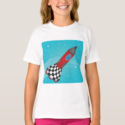 Retro Red Rocket Ship in Space Galactic T-shirt (Voorkant)