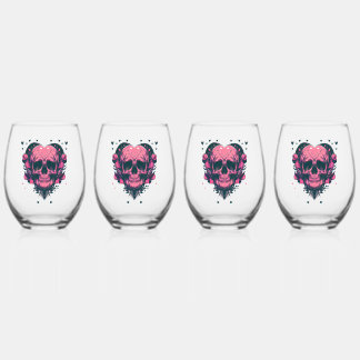 Retro Red Rose Zwarte Hart Schedel Wijnglas Zonder Voet