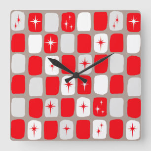 Retro Red Starbursts Square Wall klok