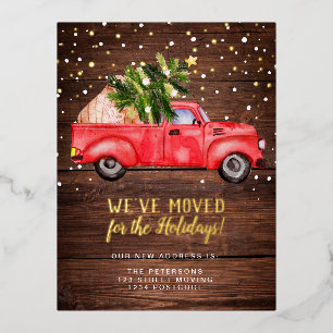 retro red truck kerstboomhout verplaatsen folie feestdagen briefkaart