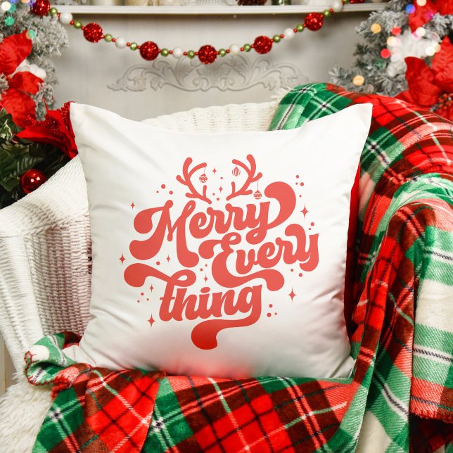 Retro Red White Merry alles Merry kerst Kussen (Retro Red White Merry everything Merry Christmas Throw Pillow)