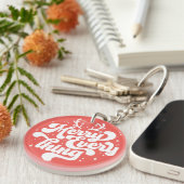 Retro Red White Merry alles Merry kerst Sleutelhanger (Voorkant Rechts)