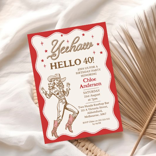 Retro Red Yeehaw Cowgirl 40e verjaardag Kaart