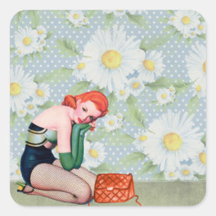Retro Redhead Pin-up Girl Vierkante Sticker