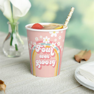 Retro Regenboog Four Ever Groovy 4e Verjaardag Papieren Bekers