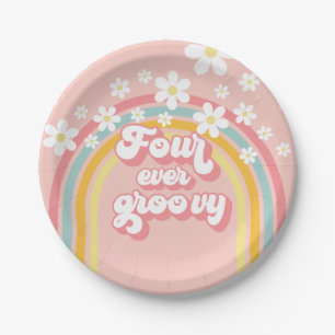 Retro Regenboog Four Ever Groovy 4e Verjaardag Papieren Bordje