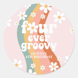 Retro Regenboog Four Ever Groovy Madeliefje Ronde Sticker