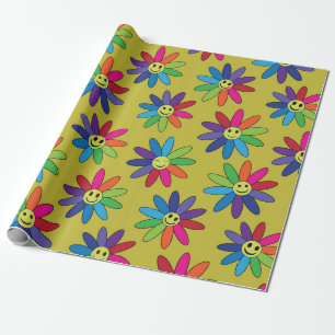 Retro regenboog glimlachende bloemen patroon cadeaupapier