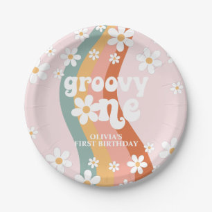 Retro Regenboog Groovy Eén Madeliefje Papieren Bordje