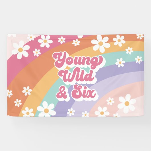 Retro Regenboog Jong Wild en Zes 6e Verjaardag Spandoek (Horizontaal)