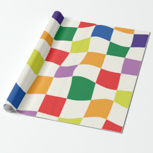 Retro Regenboog Kleurrijke Vervormde Dambordpatron Cadeaupapier