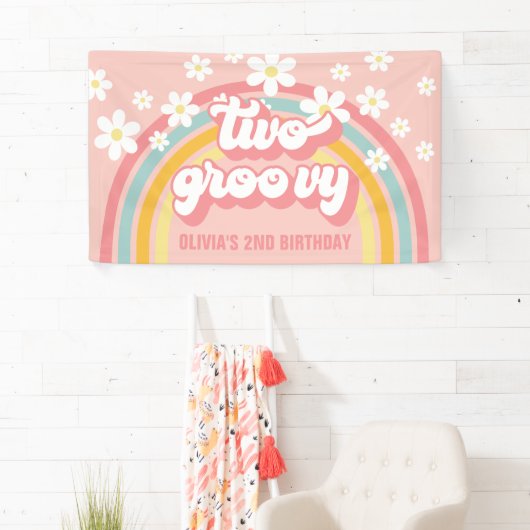 Retro Regenboog Twee Groovy 2e Verjaardag Spandoek (Insitu)