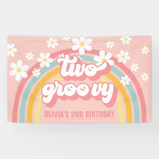 Retro Regenboog Twee Groovy 2e Verjaardag Spandoek (Horizontaal)