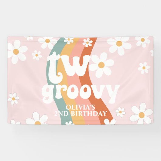 Retro Regenboog Twee Groovy Daisy 2de Spandoek (Horizontaal)