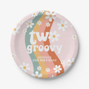 Retro Regenboog Twee Groovy Madeliefje Papieren Bordje