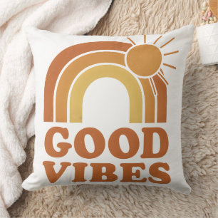 Retro Regenboog Zon "Goede Vibes" Worpkussen Kussen
