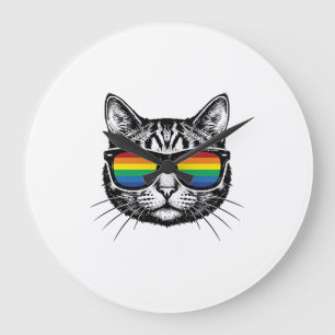 Retro Regenboog Zonnewijzer Kat Pride T-shirt Ontw Grote Klok
