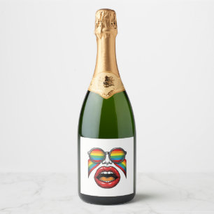 Retro Regenboog Zonnewijzer Lippen Gezicht Vector Sparkling Wijnetiket
