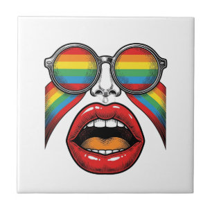 Retro Regenboog Zonnewijzer Lippen Gezicht Vector  Tegeltje