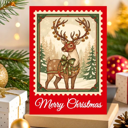 Retro Reindeer Christmas Postage Stamp Feestdagen Kaart
