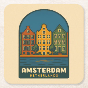 Retro Reis Amsterdam Nederland Retro Landschap Vierkante Kartonnen Onderzetter