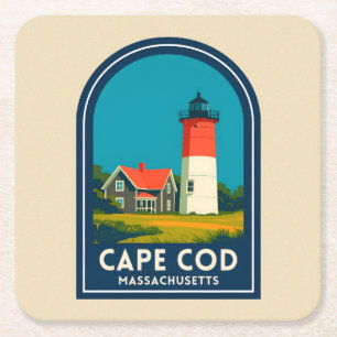 Retro Reis Cape Cod Nauset Vuurtoren Retro Vierkante Kartonnen Onderzetter