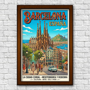 Retro reisposter uit de jaren 60 van Barcelona, Sp Poster