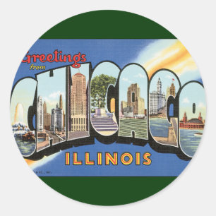 Retro Reizen, Groeten uit Chicago Illinois Ronde Sticker