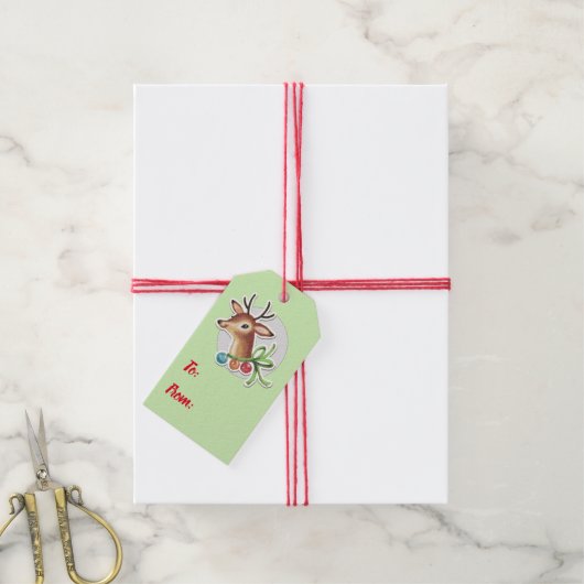 Retro Rendier Kerstmis Cadeaulabel (Met Touw)