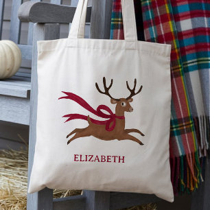 Retro rendier met rode sjaal in vintage stijl tote bag