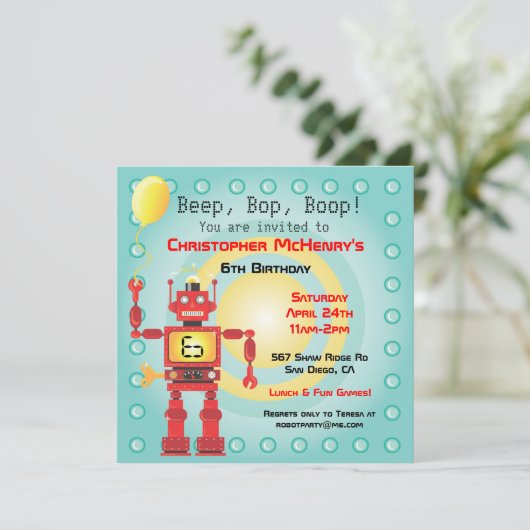 Retro Robot Birthday Party Kaart (Staand voorkant)